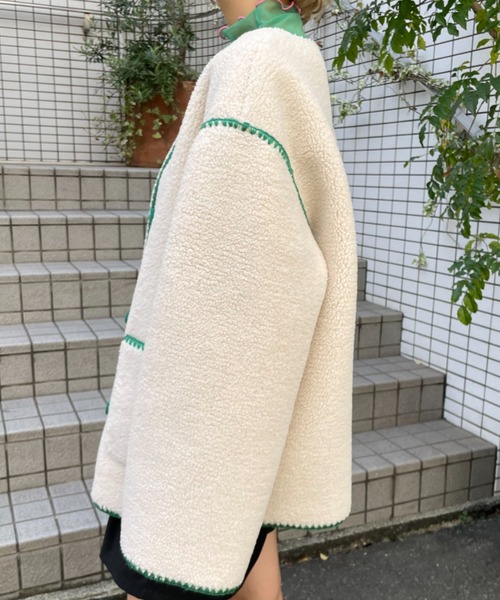 HELLO.SANFRANCISCO(ハローサンフランシスコ)の「【HELLO.SANFRANCISCO/ハローサンフランシスコ】ハマグリステッチボアジャケット(ノーカラージャケット・レディース・イエロー/アイボリー/サックスブルー・FREE)」の16枚目の写真