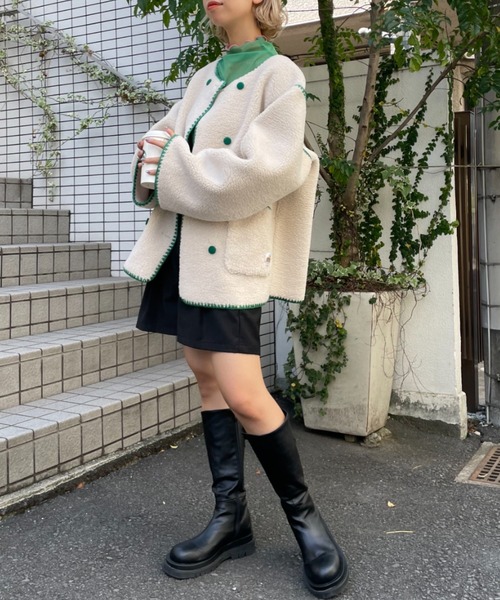 HELLO.SANFRANCISCO(ハローサンフランシスコ)の「【HELLO.SANFRANCISCO/ハローサンフランシスコ】ハマグリステッチボアジャケット(ノーカラージャケット・レディース・イエロー/アイボリー/サックスブルー・FREE)」の19枚目の写真