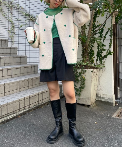 HELLO.SANFRANCISCO(ハローサンフランシスコ)の「【HELLO.SANFRANCISCO/ハローサンフランシスコ】ハマグリステッチボアジャケット(ノーカラージャケット・レディース・イエロー/アイボリー/サックスブルー・FREE)」の18枚目の写真