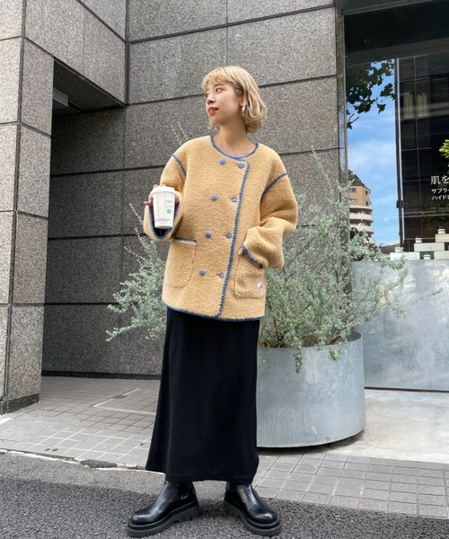 HELLO.SANFRANCISCO(ハローサンフランシスコ)の「【HELLO.SANFRANCISCO/ハローサンフランシスコ】ハマグリステッチボアジャケット(ノーカラージャケット・レディース・イエロー/アイボリー/サックスブルー・FREE)」の9枚目の写真