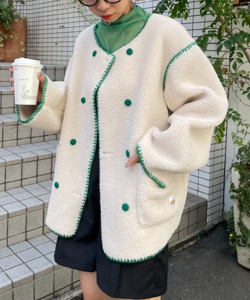 HELLO.SANFRANCISCO(ハローサンフランシスコ)の「【HELLO.SANFRANCISCO/ハローサンフランシスコ】ハマグリステッチボアジャケット(ノーカラージャケット・レディース・イエロー/アイボリー/サックスブルー・FREE)」の12枚目の写真