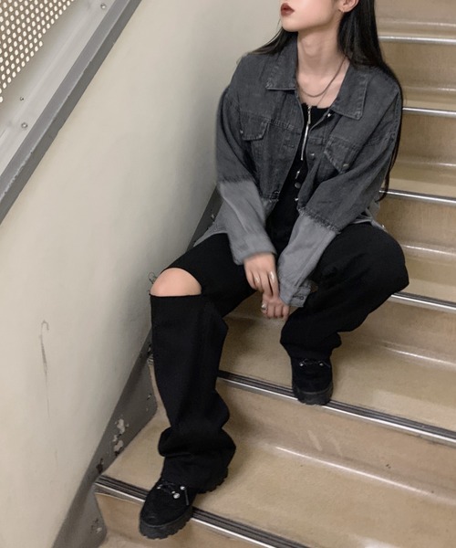 LVEU.（ラブユ.）の「【LVEU.】ハイウエストダメージデニム / ボトムス パンツ デニム ワイド ルーズ ダメージ モノトーン ホワイト ブラック（デニムパンツ・レディース・ブラック/ホワイト・FREE）」の6枚目の写真