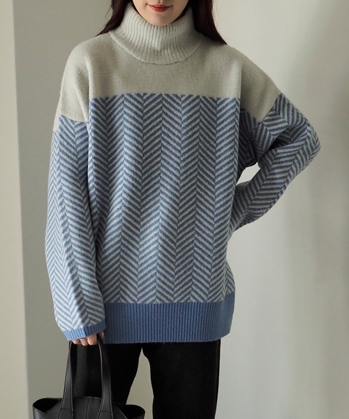 無地＆ヘリンボーンバイカラーニット（ニット/セーター）｜Riberry  