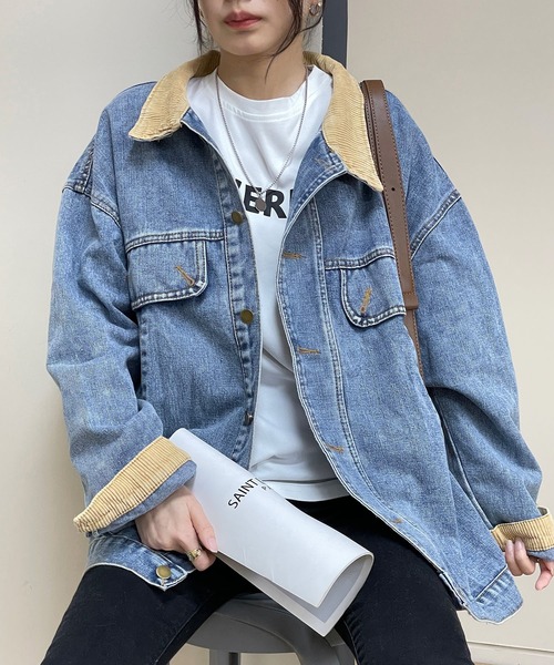 MAISON DE THERESE(メゾン ド テレーズ)の「コーデュロイ縁取りのゆったりデニムジャケット(デニムジャケット・レディース・ブルー/ブラック・M/S/XL/L)」の7枚目の写真