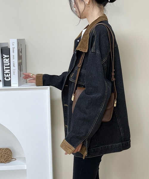 MAISON DE THERESE(メゾン ド テレーズ)の「コーデュロイ縁取りのゆったりデニムジャケット(デニムジャケット・レディース・ブルー/ブラック・M/S/XL/L)」の4枚目の写真