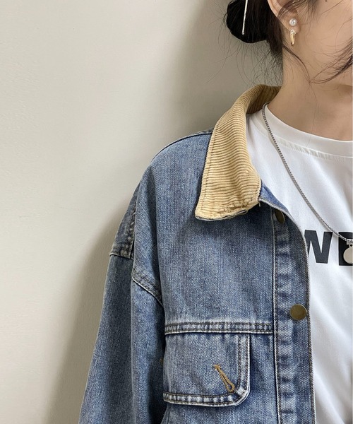 MAISON DE THERESE(メゾン ド テレーズ)の「コーデュロイ縁取りのゆったりデニムジャケット(デニムジャケット・レディース・ブルー/ブラック・M/S/XL/L)」の5枚目の写真