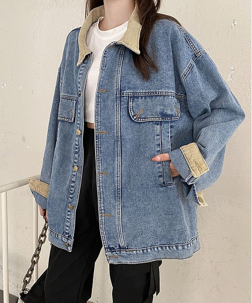 MAISON DE THERESE(メゾン ド テレーズ)の「コーデュロイ縁取りのゆったりデニムジャケット(デニムジャケット・レディース・ブルー/ブラック・M/S/XL/L)」の11枚目の写真