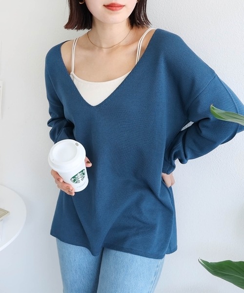 andme(アンドミー)の「リネンタッチVネック長袖ニットトップス(ニット/セーター・レディース・キナリ/ライトカーキ/テラコッタ/ターコイズブルー/ブラック・M)」の5枚目の写真