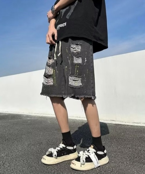 .KOM（ドットコム）の「『.KOM/ドットケーオーエム』ペンキ飛ばしダメージデニムショーツ【Y】【CN】（デニムパンツ・メンズ・ブルー/ブラック・3L/XL）」の5枚目の写真