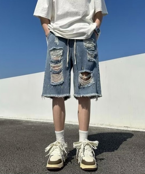 .KOM（ドットコム）の「『.KOM/ドットケーオーエム』ペンキ飛ばしダメージデニムショーツ【Y】【CN】（デニムパンツ・メンズ・ブルー/ブラック・3L/XL）」の8枚目の写真