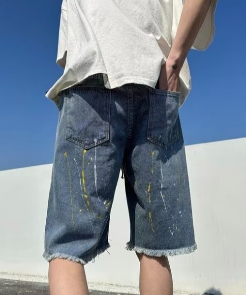 .KOM（ドットコム）の「『.KOM/ドットケーオーエム』ペンキ飛ばしダメージデニムショーツ【Y】【CN】（デニムパンツ・メンズ・ブルー/ブラック・3L/XL）」の9枚目の写真