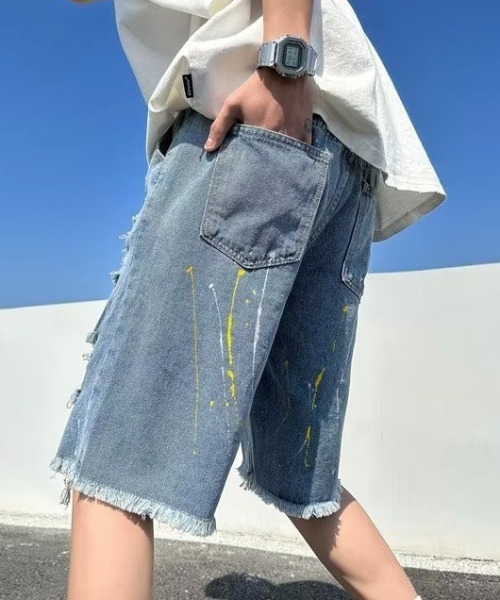 .KOM（ドットコム）の「『.KOM/ドットケーオーエム』ペンキ飛ばしダメージデニムショーツ【Y】【CN】（デニムパンツ・メンズ・ブルー/ブラック・3L/XL）」の10枚目の写真