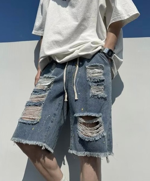 .KOM（ドットコム）の「『.KOM/ドットケーオーエム』ペンキ飛ばしダメージデニムショーツ【Y】【CN】（デニムパンツ・メンズ・ブルー/ブラック・3L/XL）」の14枚目の写真