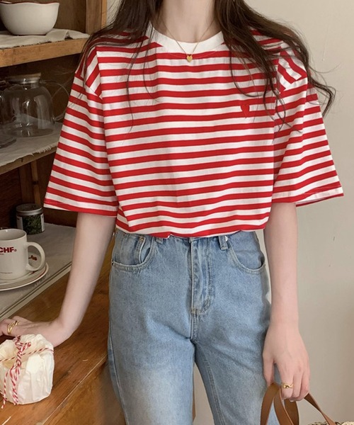 shopnikoniko（ショップニコニコ）の「ハート  ボーダー Tシャツ 半袖 韓国  赤 緑 ボーダーT（Tシャツ/カットソー・レディース・グリーン/ブラック/レッド/イエロー・フリー）」の4枚目の写真