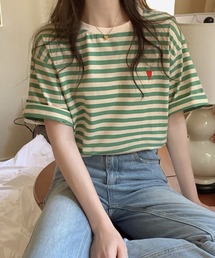 ハート ボーダー Tシャツ 半袖 韓国 赤 緑 ボーダーT