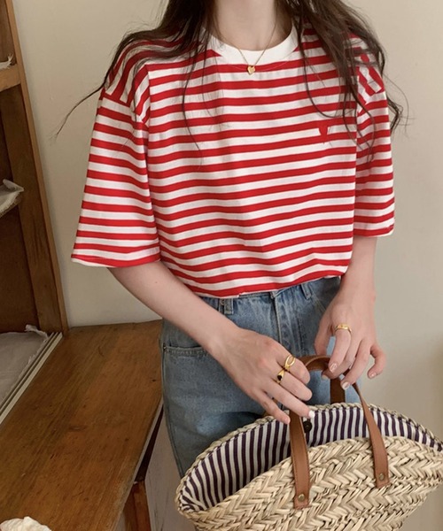 shopnikoniko（ショップニコニコ）の「ハート  ボーダー Tシャツ 半袖 韓国  赤 緑 ボーダーT（Tシャツ/カットソー・レディース・グリーン/ブラック/レッド/イエロー・フリー）」の10枚目の写真