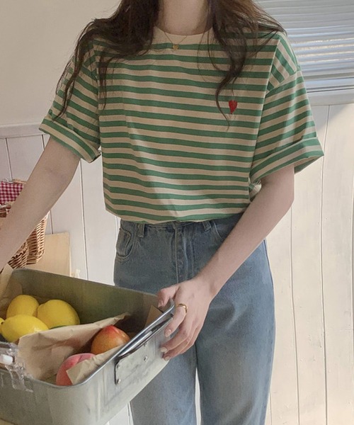 shopnikoniko（ショップニコニコ）の「ハート  ボーダー Tシャツ 半袖 韓国  赤 緑 ボーダーT（Tシャツ/カットソー・レディース・グリーン/ブラック/レッド/イエロー・フリー）」の18枚目の写真