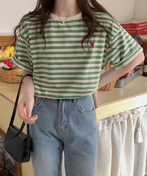 shopnikoniko（ショップニコニコ）の「ハート  ボーダー Tシャツ 半袖 韓国  赤 緑 ボーダーT（Tシャツ/カットソー・レディース・グリーン/ブラック/レッド/イエロー・フリー）」の15枚目の写真