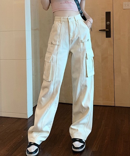 FREE STYLISTS（フリー スタイリスト）の「YUGA_YGMC ハイウエスト　デニムカーゴパンツ（カーゴパンツ・レディース・オフホワイト/ブラウン/ベビーピンク・S/XL/L/M）」の7枚目の写真