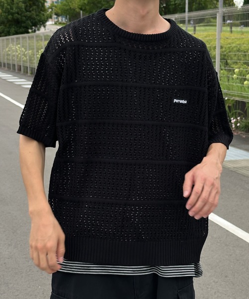 セール】メッシュデザインボーダーサマーニット（ニット
