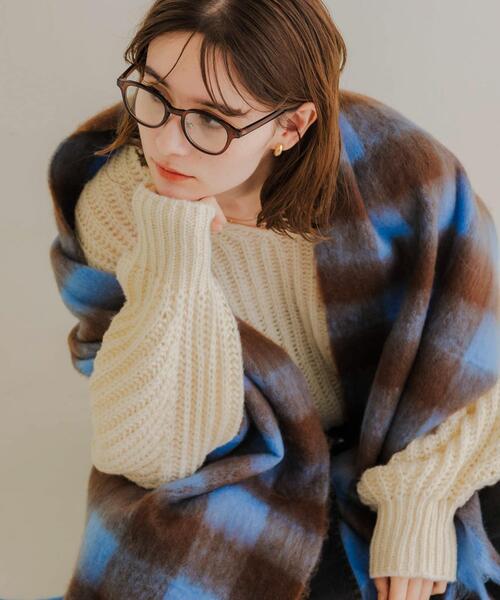 SMELLY(スメリー)の「ブロックチェックボリュームマフラー(マフラー・レディース・ブルー/オレンジ・-)」の2枚目の写真