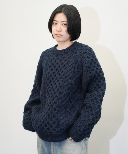 HARVESTY ネイビー ウールセーター A51803 HARVESTY / ハーベスティ CABLE KNIT PULLOVER 手編みケーブル