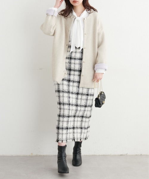 natural couture(ナチュラルクチュール)の「チェックツイードハイウエストスカート(スカート・レディース・オフホワイト/ブルー/グリーン・FREE)」の6枚目の写真