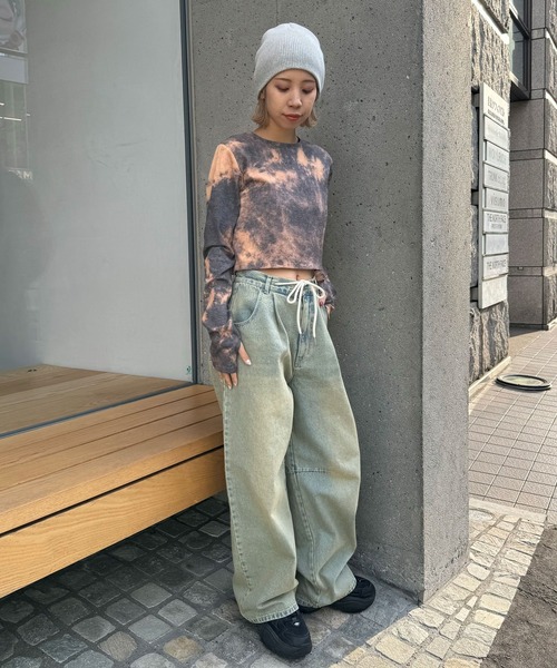 CIAOPANIC(チャオパニック)の「CPロゴタイダイクロップドリブトップス(Tシャツ/カットソー・レディース・グレー/オレンジ/ベージュ・FREE)」の6枚目の写真