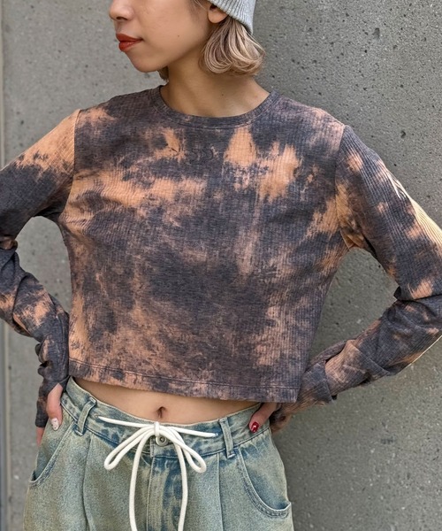 CIAOPANIC(チャオパニック)の「CPロゴタイダイクロップドリブトップス(Tシャツ/カットソー・レディース・グレー/オレンジ/ベージュ・FREE)」の22枚目の写真
