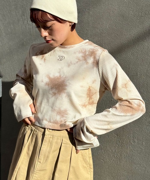 CIAOPANIC(チャオパニック)の「CPロゴタイダイクロップドリブトップス(Tシャツ/カットソー・レディース・グレー/オレンジ/ベージュ・FREE)」の14枚目の写真