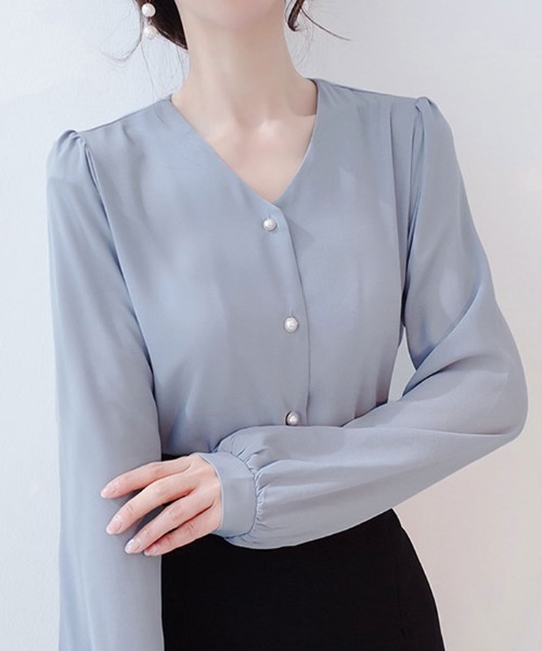 LISETTE Vネック 長袖シャツ セール】Vネックシャツブラウス長袖 全4色（シャツ/ブラウス