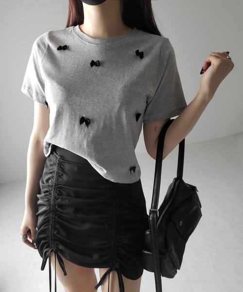 me+em select（ミームセレクト）の「※※【 ４color 】ミニリボンバレエコアクロップドＴ ／ mini ribbon ballet core cropped Tee（Tシャツ/カットソー・レディース・ホワイト/ブラック/ピンク/グレー・FREE）」の3枚目の写真