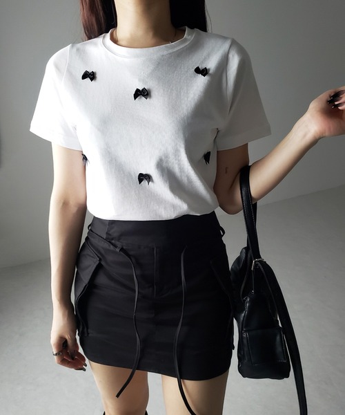 me+em select（ミームセレクト）の「※※【 ４color 】ミニリボンバレエコアクロップドＴ ／ mini ribbon ballet core cropped Tee（Tシャツ/カットソー・レディース・ホワイト/ブラック/ピンク/グレー・FREE）」の2枚目の写真