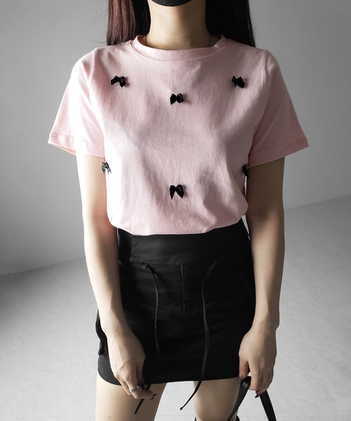 me+em select（ミームセレクト）の「※※【 ４color 】ミニリボンバレエコアクロップドＴ ／ mini ribbon ballet core cropped Tee（Tシャツ/カットソー・レディース・ホワイト/ブラック/ピンク/グレー・FREE）」の4枚目の写真