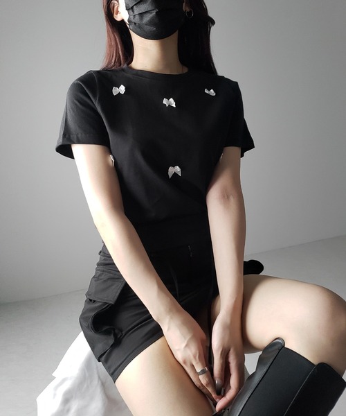 me+em select（ミームセレクト）の「※※【 ４color 】ミニリボンバレエコアクロップドＴ ／ mini ribbon ballet core cropped Tee（Tシャツ/カットソー・レディース・ホワイト/ブラック/ピンク/グレー・FREE）」の17枚目の写真