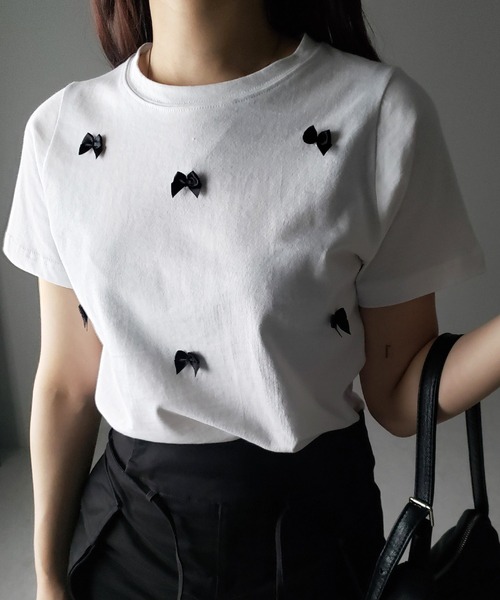 me+em select（ミームセレクト）の「※※【 ４color 】ミニリボンバレエコアクロップドＴ ／ mini ribbon ballet core cropped Tee（Tシャツ/カットソー・レディース・ホワイト/ブラック/ピンク/グレー・FREE）」の8枚目の写真