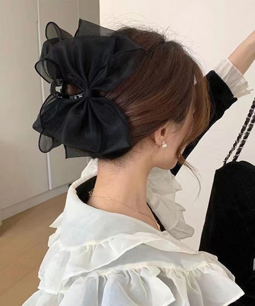 ブラックメッシュリボンヘアクリップ 楽天市場】ヘアクリップ リボン 黒 アイボリー 紫 大きめ