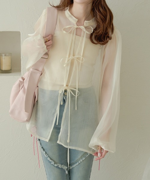 Ambre Neige(アンブルネージュ)の「2way glitter sheer ribbon blouse / 2wayラメシアーリボンブラウス(シャツ/ブラウス・レディース・チャコールグレー/ライトブルー/ブラック/ダークブラウン/アイボリー/ベビーピンク・FREE)」の7枚目の写真