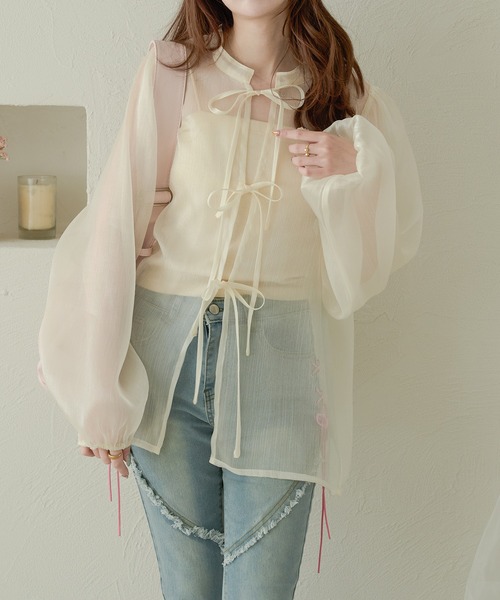 Ambre Neige(アンブルネージュ)の「2way glitter sheer ribbon blouse / 2wayラメシアーリボンブラウス(シャツ/ブラウス・レディース・チャコールグレー/ライトブルー/ブラック/ダークブラウン/アイボリー/ベビーピンク・FREE)」の8枚目の写真