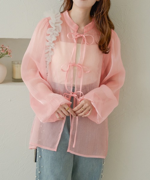 Ambre Neige(アンブルネージュ)の「2way glitter sheer ribbon blouse / 2wayラメシアーリボンブラウス(シャツ/ブラウス・レディース・チャコールグレー/ライトブルー/ブラック/ダークブラウン/アイボリー/ベビーピンク・FREE)」の16枚目の写真
