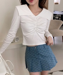 シャーリングワイドカラー長袖Tシャツ