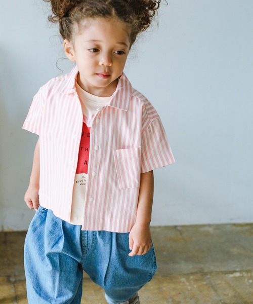 p.premier(ピードットプルミエ)の「半袖ワイドストライプシャツ(シャツ/ブラウス・キッズ・ブルー/イエロー/ブラウン/ピンク・80/90/100/110/120/140/130)」の1枚目の写真