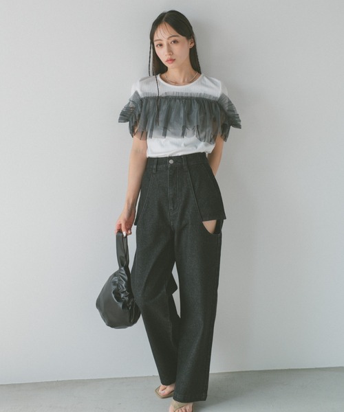 フリル付きチュールトップス グリーン セール】フリルチュールドッキングトップス/2WAY(Tシャツ