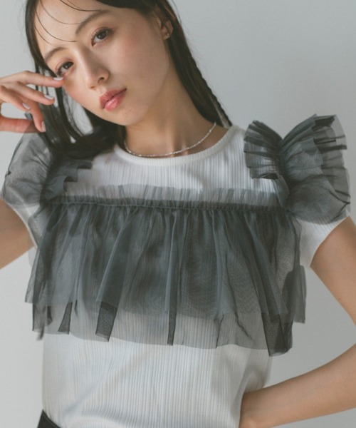 ブラウス シャツ チュールドッキングトップス レディース ENVYM ブラウス シャツ チュールドッキングショートシャツ