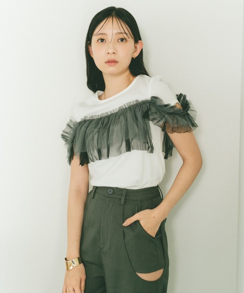 フリル付きチュールトップス グリーン セール】フリルチュールドッキングトップス/2WAY（Tシャツ