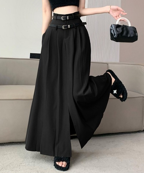 ketty cherie（ケティシェリー）の「ダブルベルトデザインタックワイドスカート≪洗濯機で洗える≫（スカート・レディース・ブラック/グレー・M）」の2枚目の写真