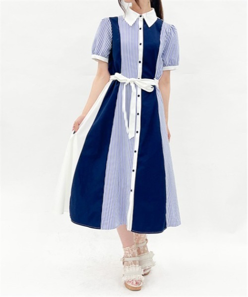 axes femme(アクシーズファム)の「ストライプ切替シャツワンピース(シャツワンピース・レディース・イエロー/ネイビー/ブラック・FREE)」の2枚目の写真