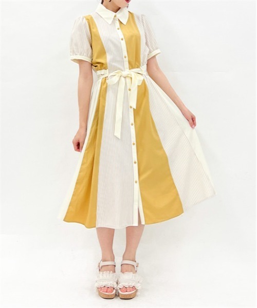 axes femme(アクシーズファム)の「ストライプ切替シャツワンピース(シャツワンピース・レディース・イエロー/ネイビー/ブラック・FREE)」の3枚目の写真