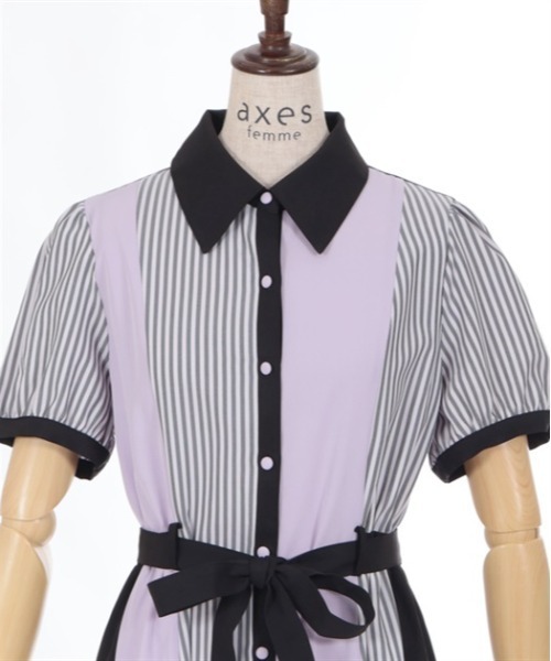 axes femme(アクシーズファム)の「ストライプ切替シャツワンピース(シャツワンピース・レディース・イエロー/ネイビー/ブラック・FREE)」の9枚目の写真