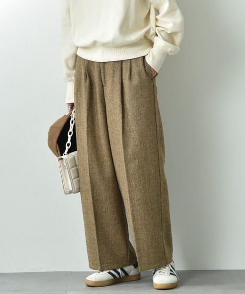 ネップツイード２タックバックゴムワイドパンツ